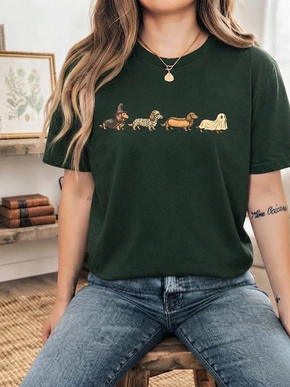 Spooky Dachshund Dog Halloween Graphic Comfort Color T-Shirt - Picture 2 of 3